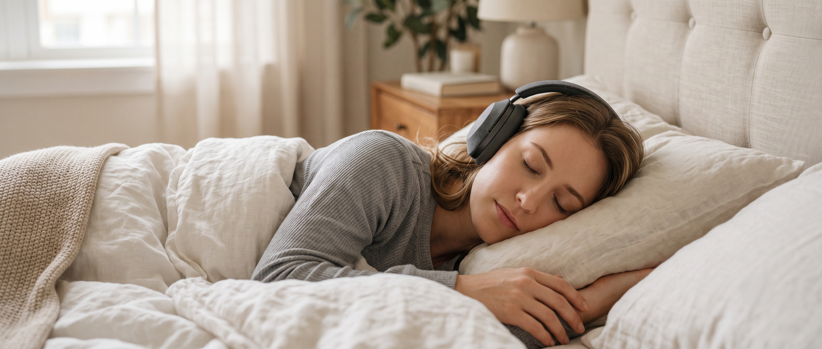 Relaxed person listening with headphones at bedtime